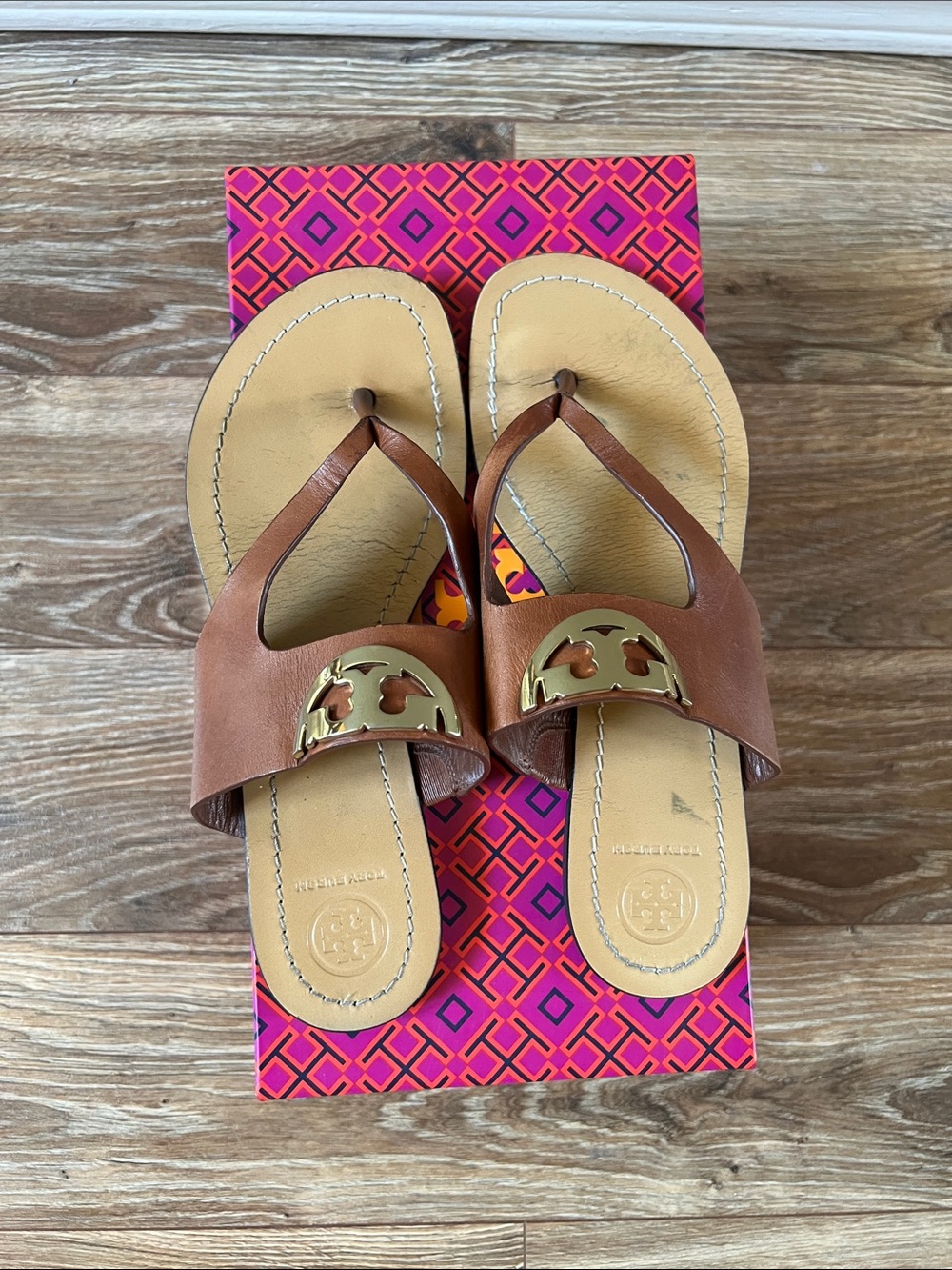 Tory Burch Brown Leather Logo Thong Sandals with Gold Hardware